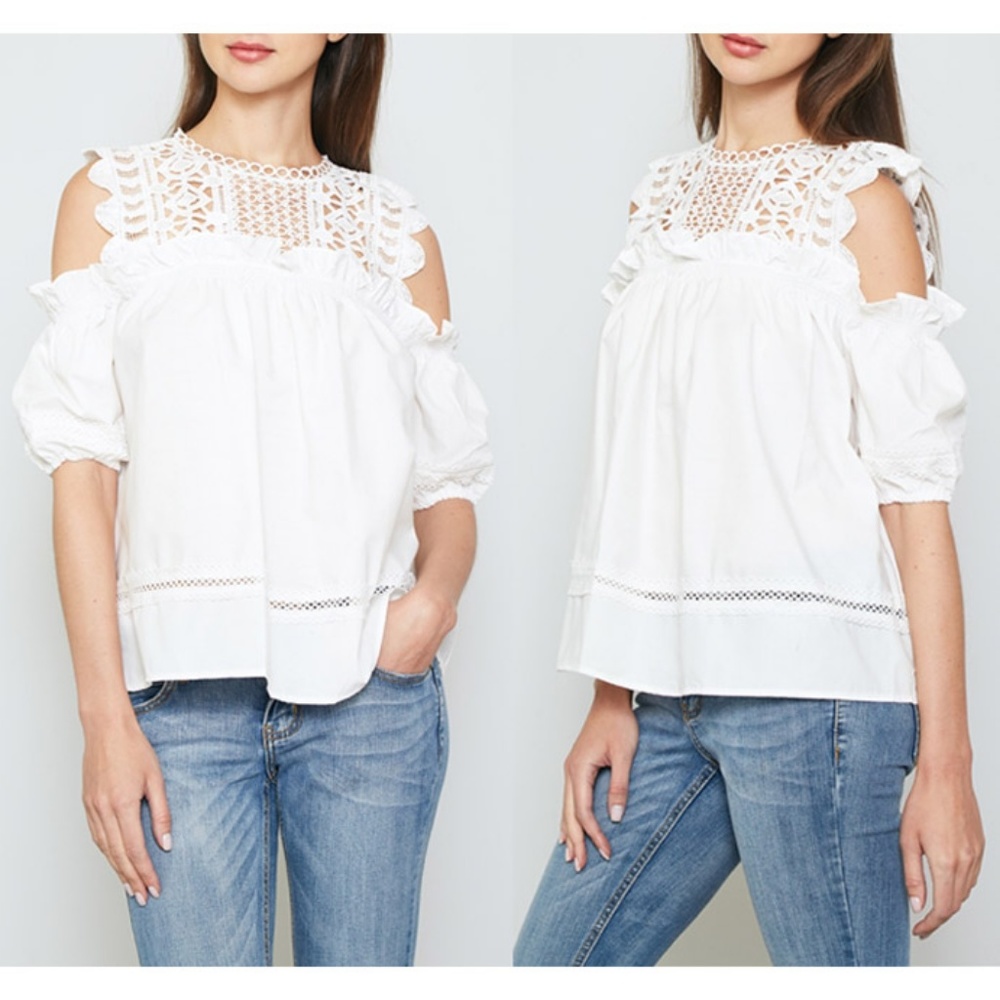Last☝️ White Crochet Ruffle Cold Shoulder Blouse - Picture 6 of 8